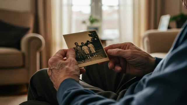 Senior man remembering old days looking at family photo album