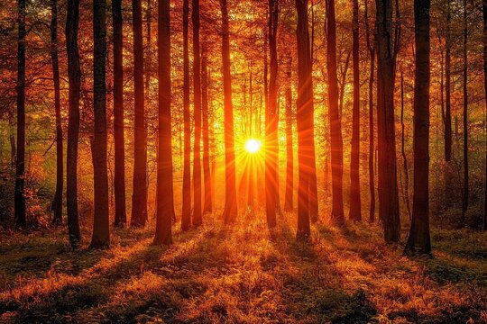 Golden light filtering through autumn forest canopy in the late afternoon, illuminating the colorful leaves and tree trunks in an upward view