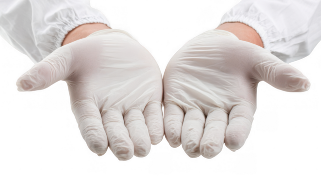 Doctor wearing sterile gloves displays empty hands with palms facing up against a transparent background, prepared for examination or surgical procedures in a medical setting