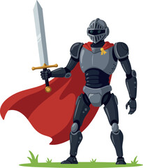 Fototapeta premium Medieval knight in black armor holding sword with red cape standing on grass vector illustration 