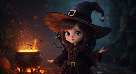 Adorable little witch halloween fantasy illustration with cats 3d art hat cute girl dark fire black