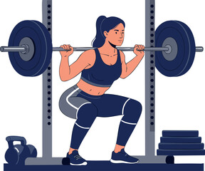 Fototapeta premium Woman performing barbell squat exercise in gym fitness workout routine vector illustration 