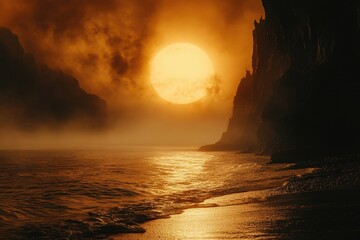 Stunning sunset over sea and beach in Portugal, with dark clouds and orange sunlight reflecting on the water and cliffside