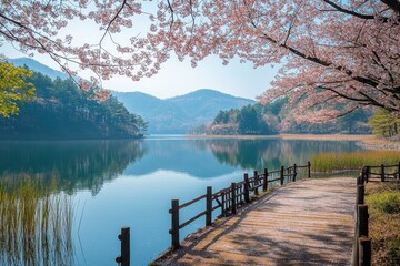 Lake biwa reflecting cherry blossoms with mountainous backdrop in spring at the biwako quasi national park, japan