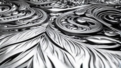Ornate silver metalwork featuring elaborate swirling designs and embossed detailing illuminated by reflective metallic surfaces - Powered by Adobe