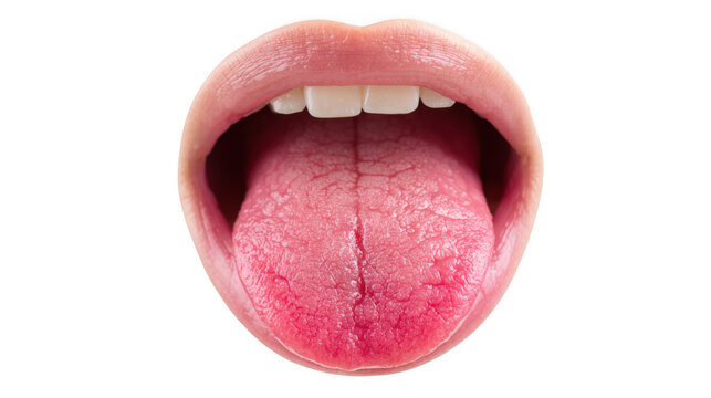 Open mouth revealing an inflamed tongue with glossitis, isolated against a transparent background, highlighting various healthcare and medical concepts related to oral health issues