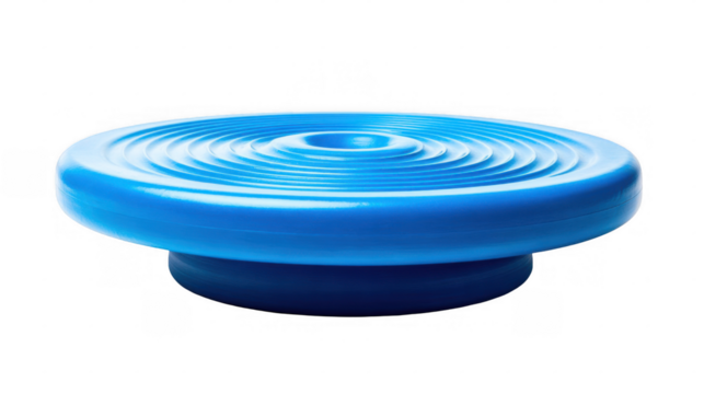 Blue balance disc isolated on transparent background, ideal for fitness training, core strengthening, and improving stability, promoting balance and coordination