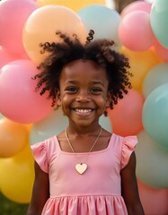 A vibrant birthday party scene with a young African-American girl, wearing a pink dress and a heart necklace, smiling in front of a balloon-filled background, sunny afternoon.