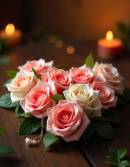 A festive birthday background with a heart-shaped arrangement of pink and white roses, and gold necklace with a pearl pendant is elegantly placed on the roses, a soft candlelight providing a warm glow