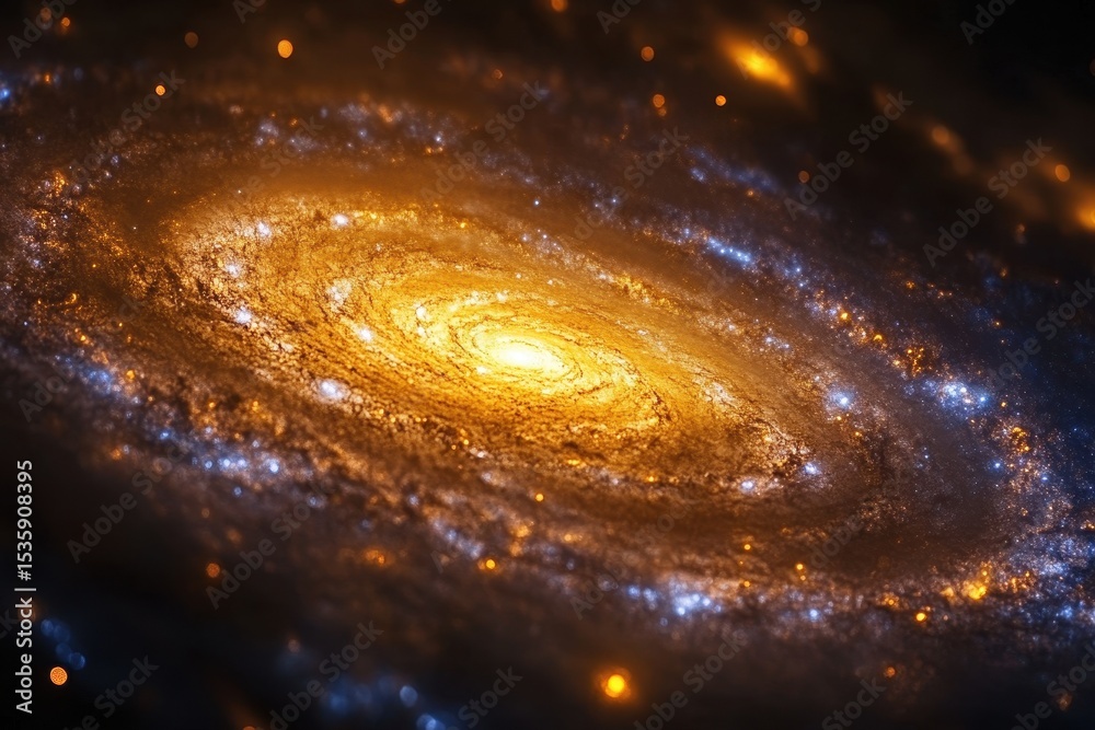 Poster spiral galaxy with bright center and arms in a dark night sky viewed from outer space