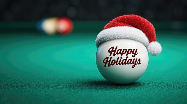 billard ball says "Happy Holidays" written on it, with a santa hat, on a pool table 
