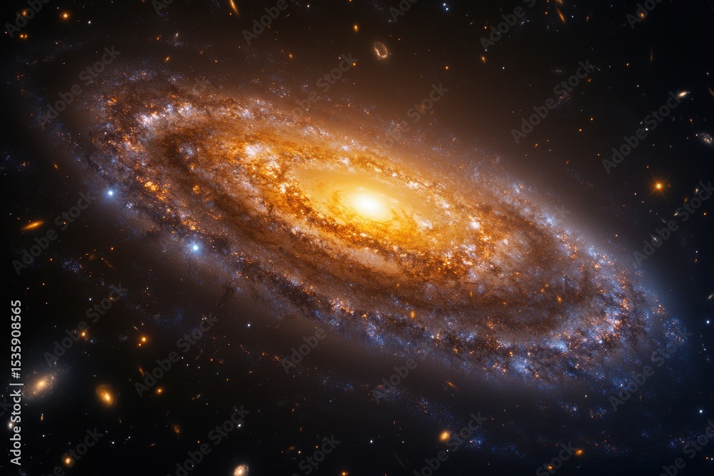 Poster spiral galaxy with bright center and arms in a dark night sky viewed from outer space