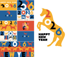 Geometric 2026 typography with abstract horses. Colorful abstract New Year concept for greetings, posters, or digital celebrations.