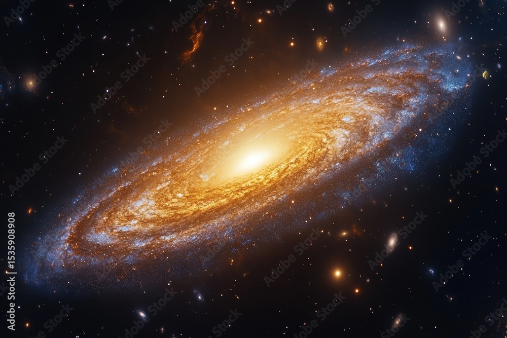 Poster spiral galaxy with bright center and arms in a dark night sky viewed from outer space
