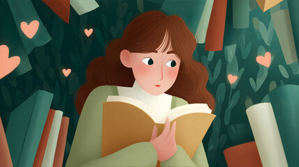 Girl with a book surrounded by hearts and books. Book lovers day concept