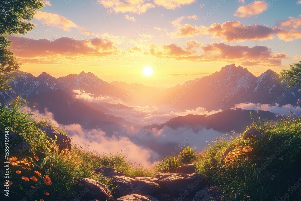 Poster view from a rocky path of mountain peaks at golden hour with low clouds and alpine wildflowers at th