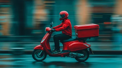Wandcirkels Scooter delivery rider speeding on red scooter through city.  © PhotoStockHub