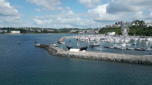 Torquay, Torbay, South Devon, England: DRONE VIEWS: The replica Spanish galleon, Nao Victoria, in Torquay marina. The Nao Victoria famously circumnavigated the globe captained by Ferdinand Magellan.