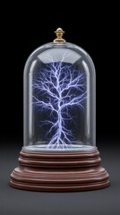 Experiment physics controlled concept. A glowing tree-like structure encased in glass, showcasing intricate electrical patterns.