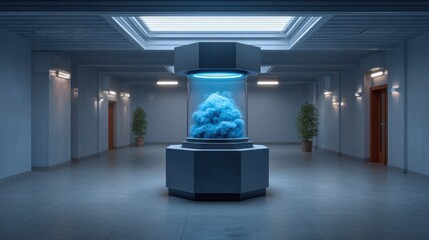 Experiment physics controlled concept. Modern interior featuring a central display with blue elements, surrounded by sleek architecture.