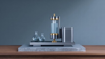 Experiment physics controlled concept. Modern laboratory equipment displayed on a sleek wooden surface against a minimalist background.