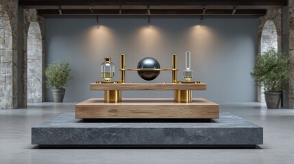 Experiment physics controlled concept. Sleek modern display featuring artistic objects on a textured surface in a minimalist setting.