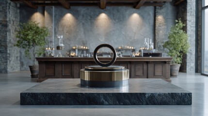 Experiment physics controlled concept. Modern interior featuring a sculptural centerpiece on a polished surface with a stylish bar backdrop.