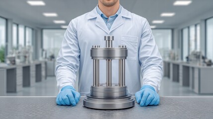 Experiment physics controlled concept. A researcher in a lab coat holds a metal apparatus on a workbench in a modern laboratory setting.