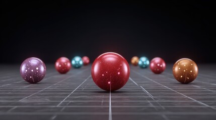 Experiment physics controlled concept. Abstract visualization of colorful spheres positioned in a grid-like space, suggesting dynamic movement and depth.