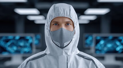 Experiment physics controlled concept. A person in a futuristic hooded outfit and mask stands in a high-tech environment.