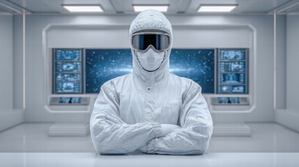 Experiment physics controlled concept. Futuristic figure in protective gear stands confidently in a high-tech environment.