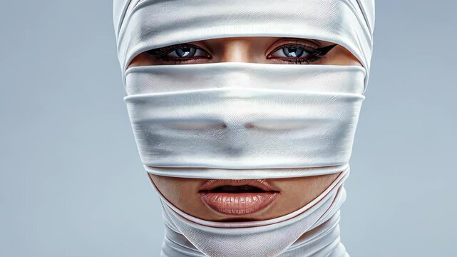 Wrapped in Mystery: A striking portrait captures a person's face artfully swathed in cloth, with only the piercing eyes and lips visible, creating an aura of enigmatic allure.