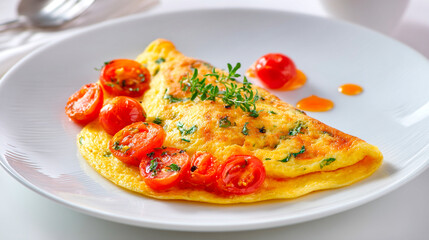 perfect omlette with tomatoes on modern white plate standing on absolute white table