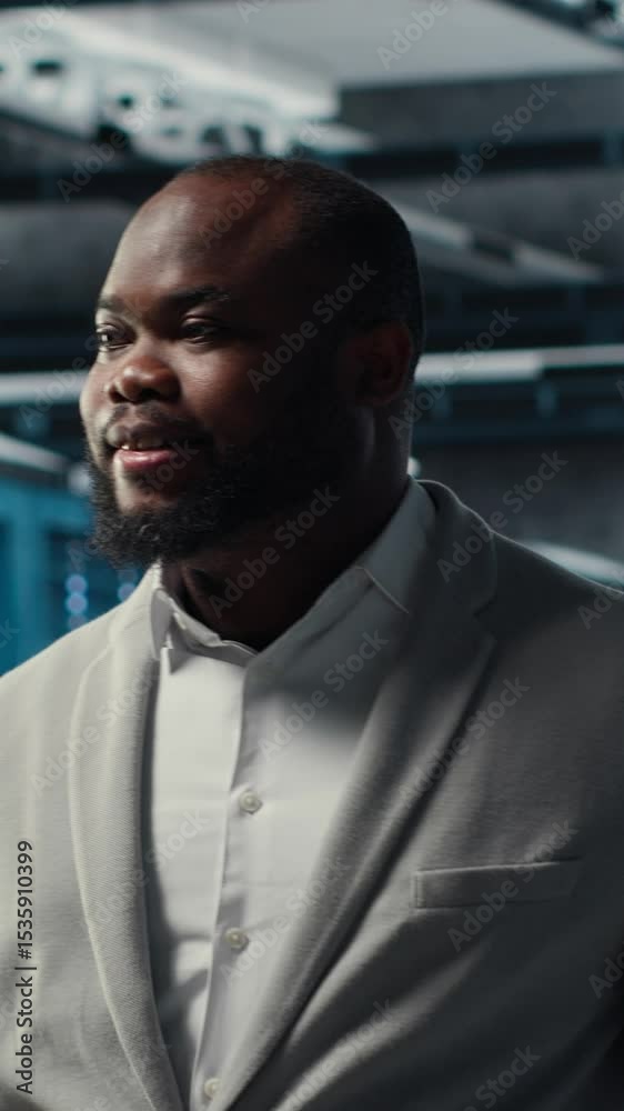 Poster vertical video smiling employee walking in high tech data center with machines powering networks, ru