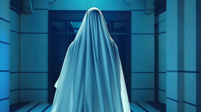 Mystery in the Hallway: A spectral figure shrouded in a sheet, standing in a hallway, evokes a sense of mystery and the unknown, bathed in a moody blue light.