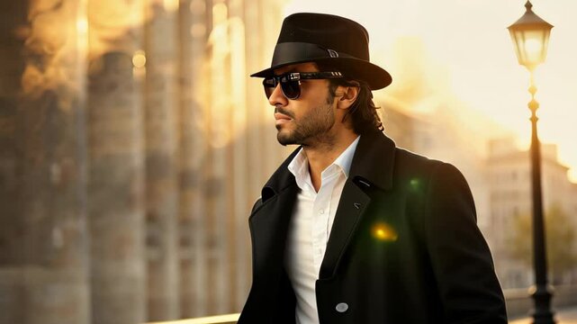 Urban Elegance: A stylish individual, donning a fedora and sunglasses, strides confidently through a sun-drenched urban landscape, the epitome of modern sophistication.