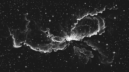 Massive supernova explosion with glowing nebula and cosmic dust illuminated by radiant cosmic energy spreading through deep space in stippling style. Dotwork. Pointillism art. Dots shading. Vector