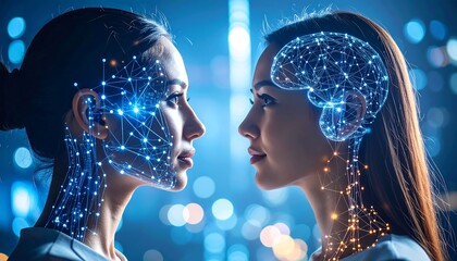 Two women, faces overlaid with digital brain network