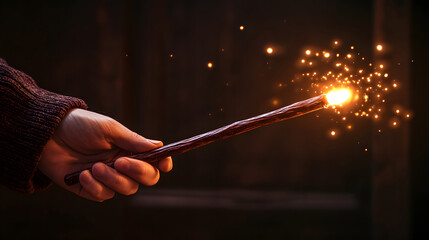Hand holding a magic wand emitting sparks of light. Concept for fantasy, wizardry, enchantment, mystical powers, storytelling, and creative imagination