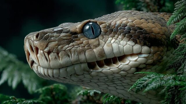 Detailed close-up of a venomous snake lurking amidst green foliage in its natural habitat