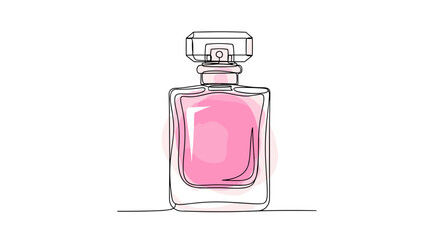 Pink perfume bottle for cosmetics and fragrance stores -  one line doodle drawing with watercolor fill, minimalistic vector illustration on white background	
