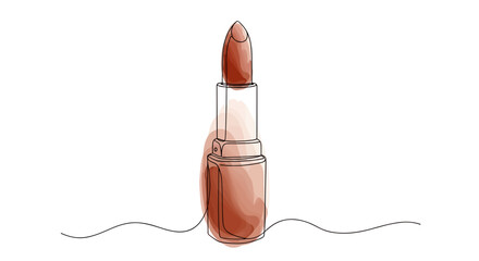 Chocolate brown lipstick in brown tube for beauty salons and cosmetics shops -  one line doodle drawing with watercolor fill, minimalistic vector illustration on white background	