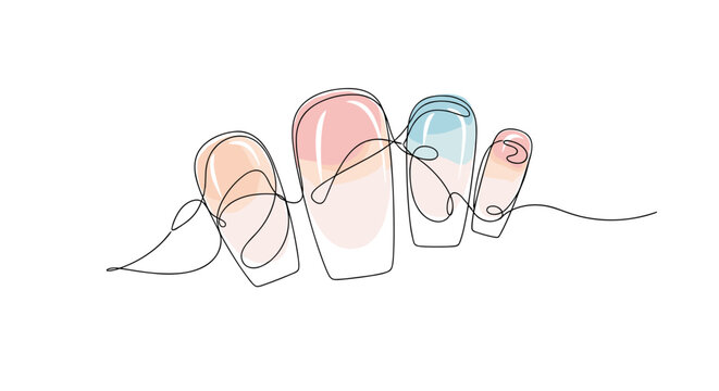 nails for nail salons and cosmetic product branding - one line doodle drawing with watercolor fill, minimalistic vector illustration on white background