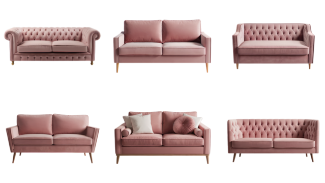 Elegant pink velvet sofa collection modern furniture designs on transparent background