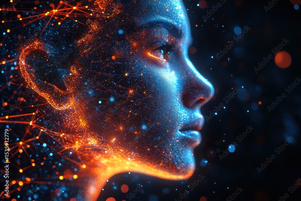 Poster Abstract digital surface with vibrant blue and orange lighting depicting modern technology and data, suggestive of futuristic connection and networking