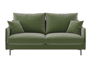 Elegant green velvet sofa with comfortable cushions for living on transparent background