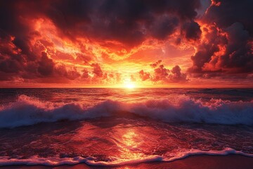 Gentle waves reach sandy shoreline at sunset, fluffy clouds fill the sky, soft, warm light, creating a peaceful and serene coastal vista on a sunny morning