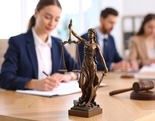 Law firm meeting, statue of justice