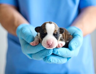 Tiny puppy in veterinarian's hands