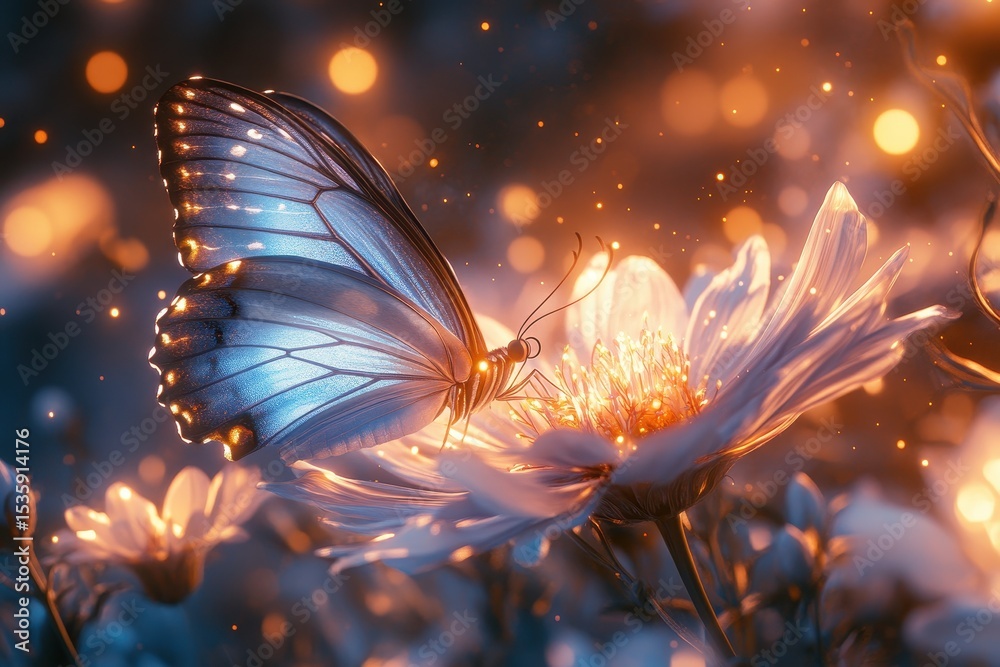 Poster butterfly resting on white flower at sunset in a dreamy garden with glowing bokeh lights and soft, w